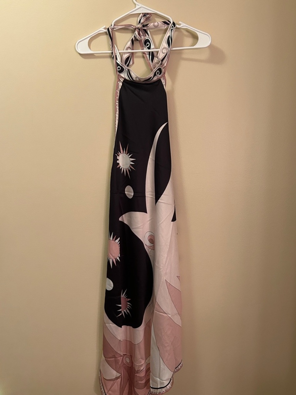 Pink and Black Printed Halter Maxi Dress with Strappy Back